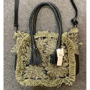 Anthropologie ibBan Green Fringe Black Leather Tassels Beads Handbag Crossbody